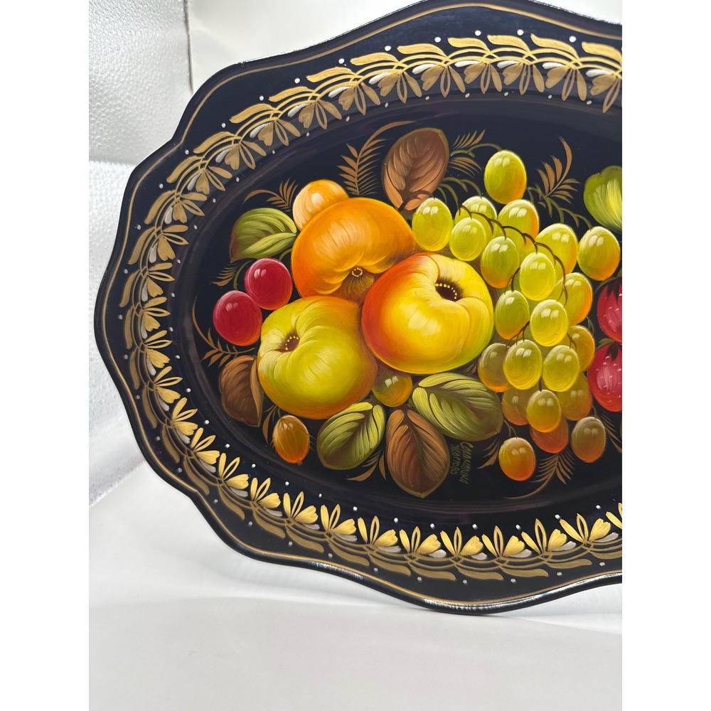 Russian Zhostovo Vintage Tole Tray Strawberry Black Gold Floral and Fruit 11.75" - Picture 4 of 10